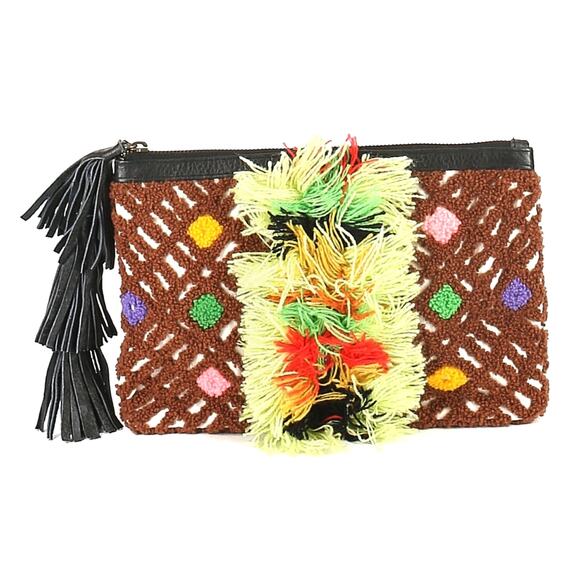 CLEOBELLA clutch brown woven carpet leather fringe tassel yarn knit textured bag - Picture 1 of 5